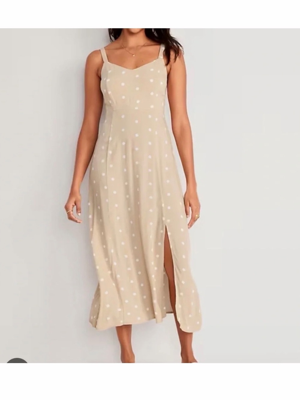 Old Navy Preppy Feminine Cream Polka Dot Midi Slip Dress Side Slit